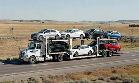 Multi-level car carrier on the highway to Glendive, Montana, United States