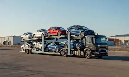 Car transporter loaded with vehicles in Glendive, Montana, United States