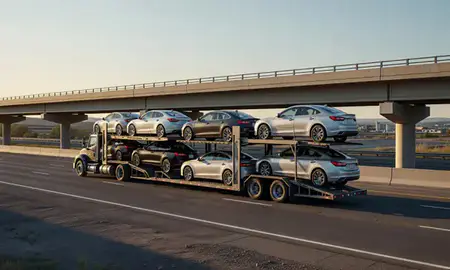 Car transporter with the Glendive, Montana, United States skyline behind it