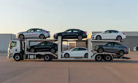 Car transporter parked in an industrial area of Great Falls, Montana, United States