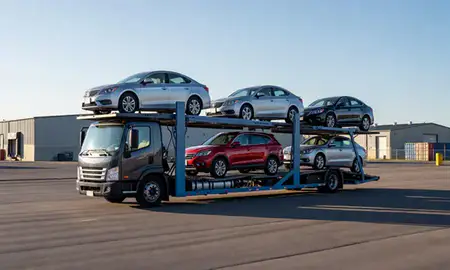 Car transporter loaded with vehicles in Great Falls, Montana, United States