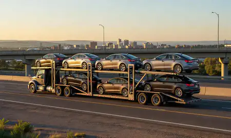Car transporter with the Great Falls, Montana, United States skyline behind it