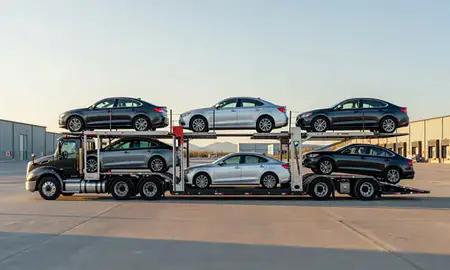 Car transporter parked in an industrial area of Hamilton, Montana, United States