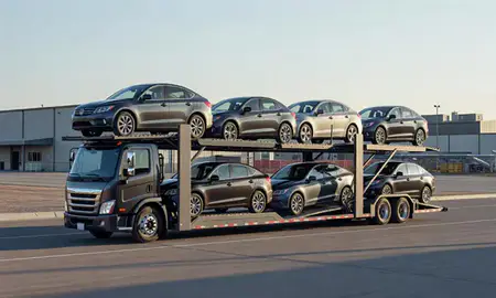 Car transporter loaded with vehicles in Hamilton, Montana, United States