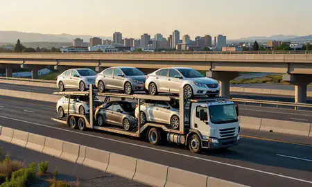 Car transporter with the Hamilton, Montana, United States skyline behind it