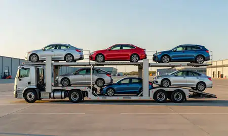 Car transporter parked in an industrial area of Havre, Montana, United States