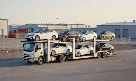 Car transporter loaded with vehicles in Havre, Montana, United States