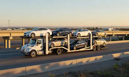 Car transporter with the Havre, Montana, United States skyline behind it