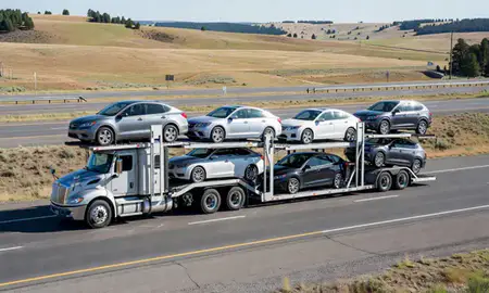 Multi-level car carrier on the highway to Helena Valley Northwest, Montana, United States