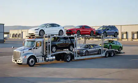 Car transporter loaded with vehicles in Helena Valley Northwest, Montana, United States