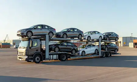 Car transporter loaded with vehicles in Helena Valley Southeast, Montana, United States