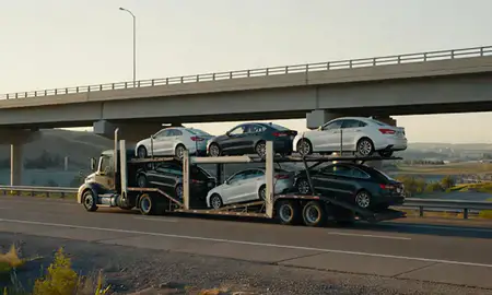 Car transporter with the Helena Valley Southeast, Montana, United States skyline behind it