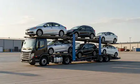 Car transporter loaded with vehicles in Helena Valley West Central, Montana, United States