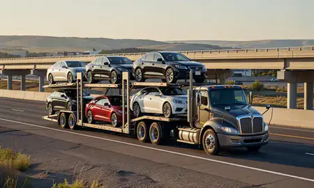 Car transporter with the Helena Valley West Central, Montana, United States skyline behind it