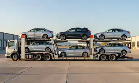 Car transporter parked in an industrial area of Helena, Montana, United States