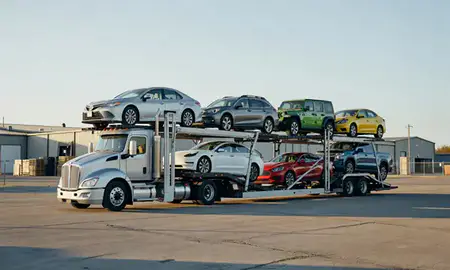 Car transporter loaded with vehicles in Helena, Montana, United States