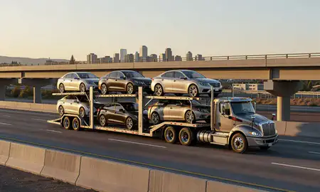 Car transporter with the Helena, Montana, United States skyline behind it