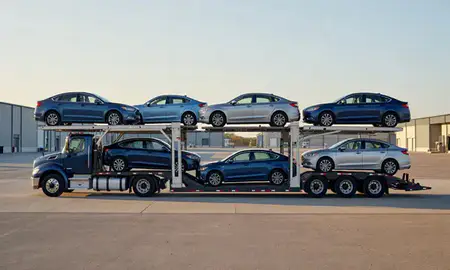Car transporter parked in an industrial area of Kalispell, Montana, United States