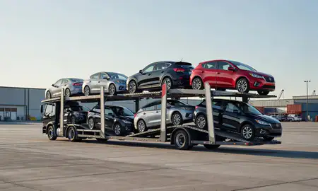 Car transporter loaded with vehicles in Kalispell, Montana, United States