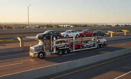 Car transporter with the Kalispell, Montana, United States skyline behind it
