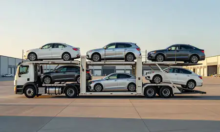 Car transporter parked in an industrial area of Laurel, Montana, United States