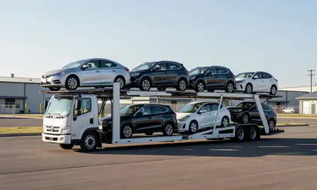 Car transporter loaded with vehicles in Laurel, Montana, United States