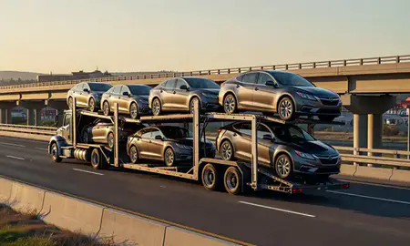 Car transporter with the Laurel, Montana, United States skyline behind it