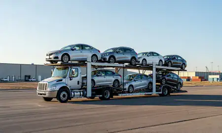 Car transporter loaded with vehicles in Lewistown, Montana, United States