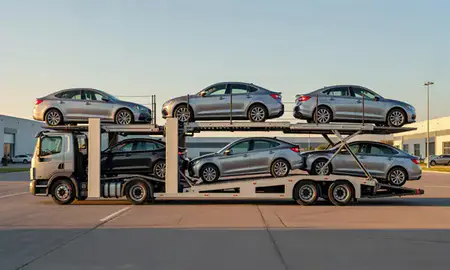 Car transporter parked in an industrial area of Livingston, Montana, United States