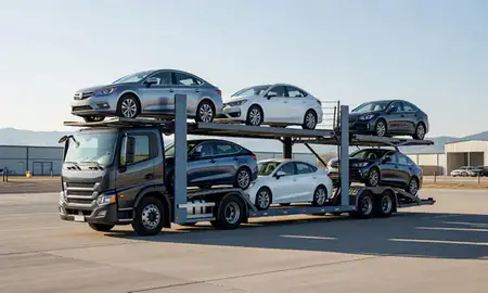 Car transporter loaded with vehicles in Livingston, Montana, United States