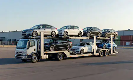 Car transporter loaded with vehicles in Lockwood, Montana, United States