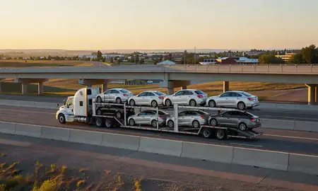 Car transporter with the Lockwood, Montana, United States skyline behind it