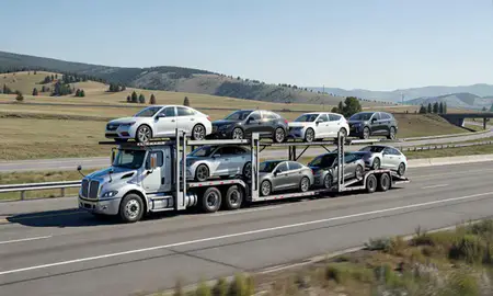 Multi-level car carrier on the highway to Lolo, Montana, United States