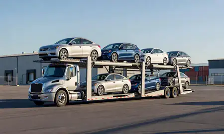 Car transporter loaded with vehicles in Lolo, Montana, United States