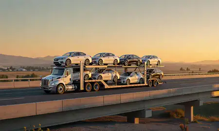 Car transporter with the Lolo, Montana, United States skyline behind it