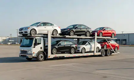 Car transporter loaded with vehicles in Malmstrom AFB, Montana, United States