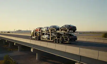 Car transporter with the Malmstrom AFB, Montana, United States skyline behind it