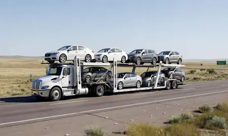 Multi-level car carrier on the highway to Miles City, Montana, United States