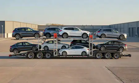 Car transporter parked in an industrial area of Miles City, Montana, United States