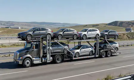Multi-level car carrier on the highway to Missoula, Montana, United States