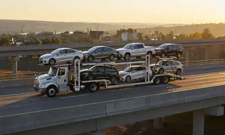 Car transporter with the Missoula, Montana, United States skyline behind it