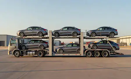 Car transporter parked in an industrial area of Orchard Homes, Montana, United States