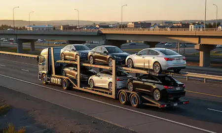 Car transporter with the Polson, Montana, United States skyline behind it
