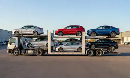 Car transporter parked in an industrial area of Sidney, Montana, United States