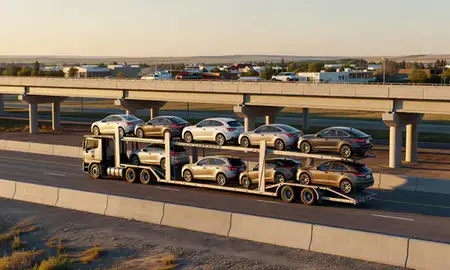 Car transporter with the Sidney, Montana, United States skyline behind it