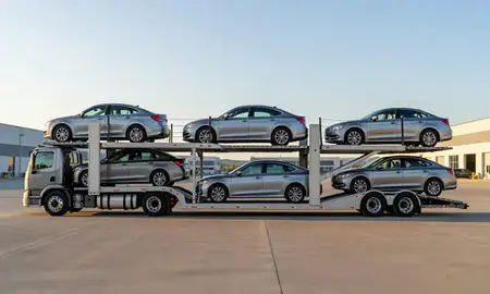 Car transporter parked in an industrial area of Whitefish, Montana, United States
