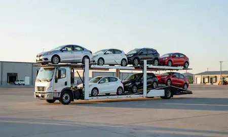 Car transporter loaded with vehicles in Whitefish, Montana, United States