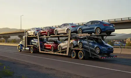 Car transporter with the Whitefish, Montana, United States skyline behind it