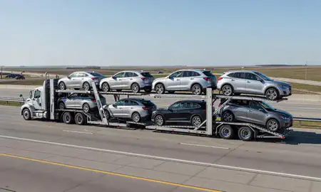 Multi-level car carrier on the highway to Nebraska, United States