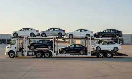 Car transporter parked in an industrial area of Nebraska, United States